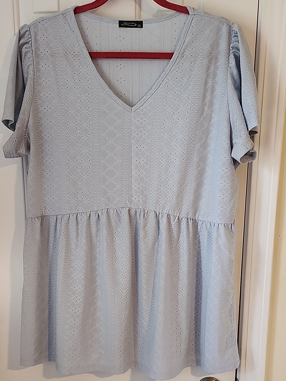 Pale Blue Eyelet V-Neck Babydoll Peplum Top